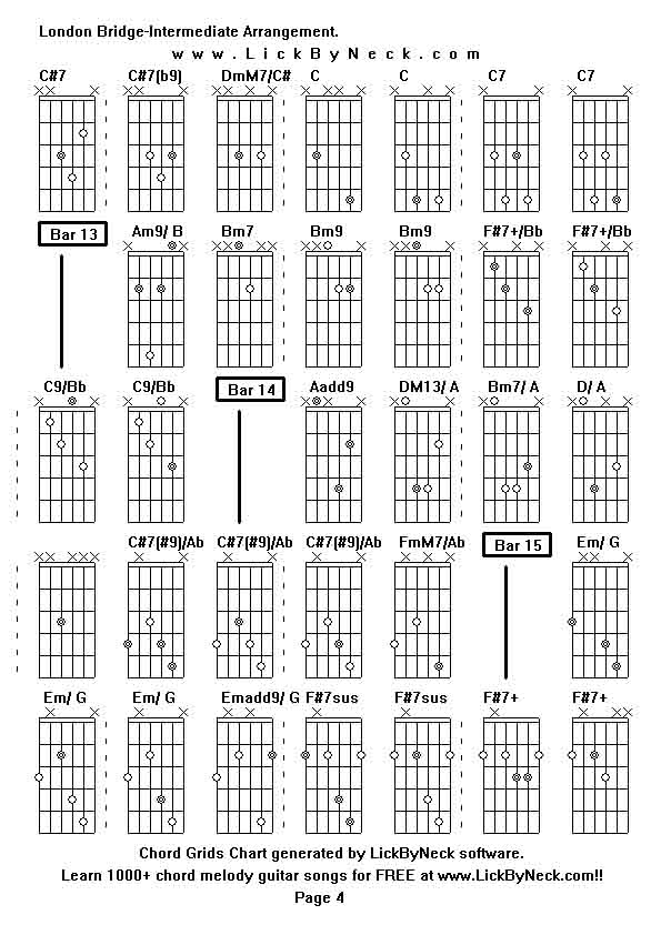 Chord Grids Chart of chord melody fingerstyle guitar song-London Bridge-Intermediate Arrangement,generated by LickByNeck software.